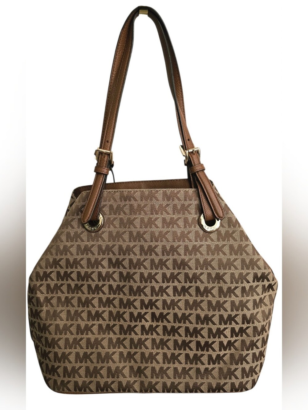 Michael Kors MK Signature Jacquard Brown Large Tote Shoulder Bag - Picture 3 of 7
